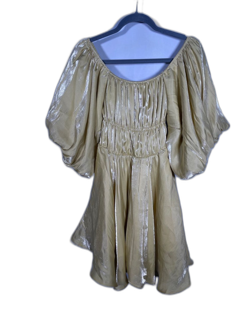 MOLLY GREEN WOMENS YELLOW SHINY PUFF SLEEVE MINI DRESS SMALL